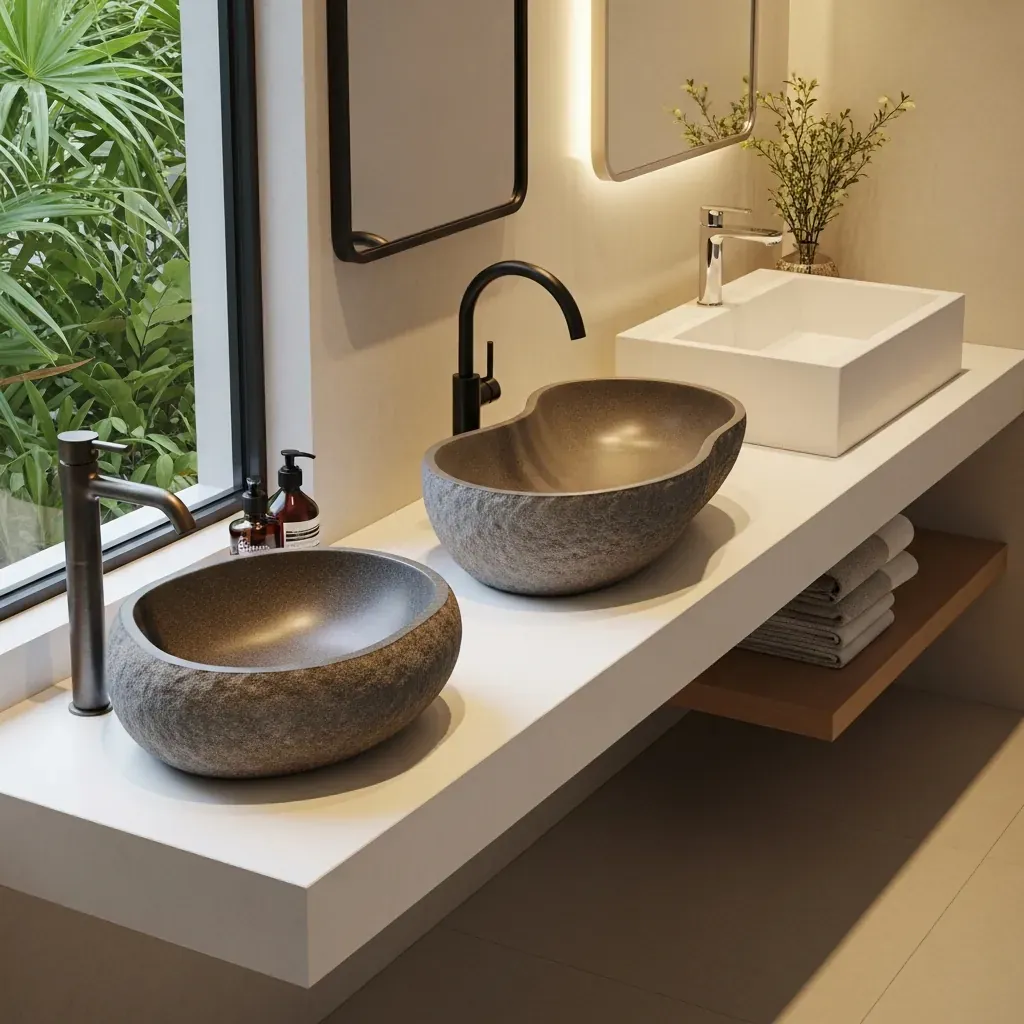 Ba mẫu chậu rửa đá theo xu hướng: đá cuội tự nhiên, chậu nghệ thuật bề mặt nhám, và chậu tối giản solid surface.