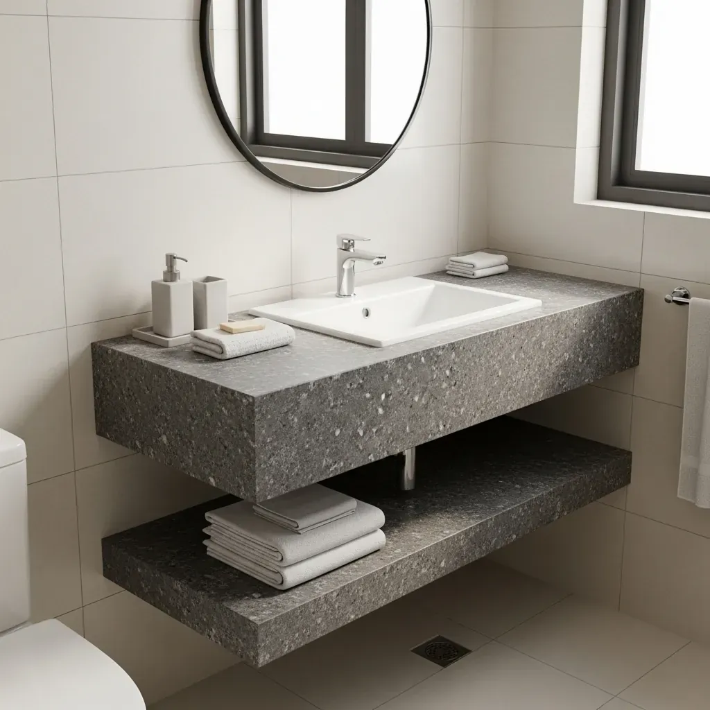 Bàn đá nhân tạo granite hai tầng treo tường với chậu sứ âm bàn trong phòng tắm nhỏ gọn.