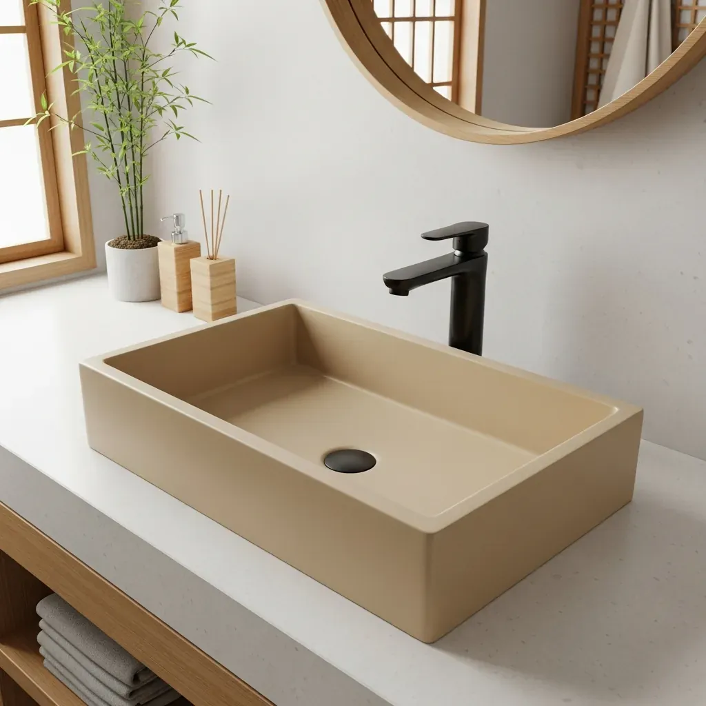 Chậu dương bàn đá nhân tạo solid surface màu be, liền khối với mặt bàn, phong cách tối giản.