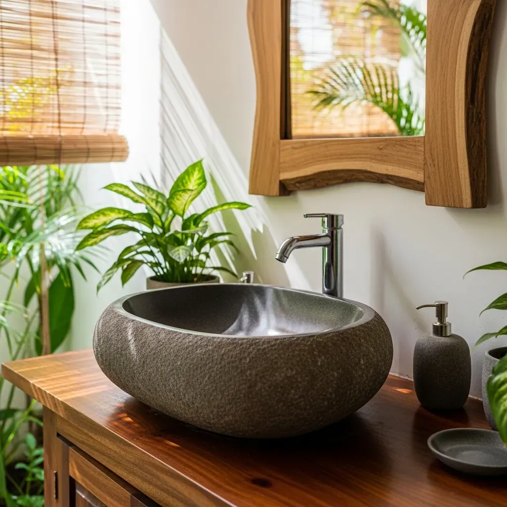 Chậu rửa mặt đá cuội tự nhiên hình dáng bất quy tắc đặt trên bàn gỗ trong phòng tắm phong cách biophilic, với cây xanh và ánh sáng tự nhiên.