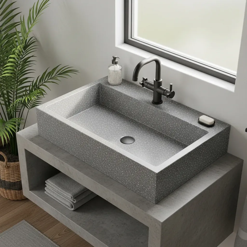 Chậu rửa mặt đá granite tự nhiên hình chữ nhật, bề mặt mộc lấp lánh, lắp dương bàn trong phòng tắm hiện đại.