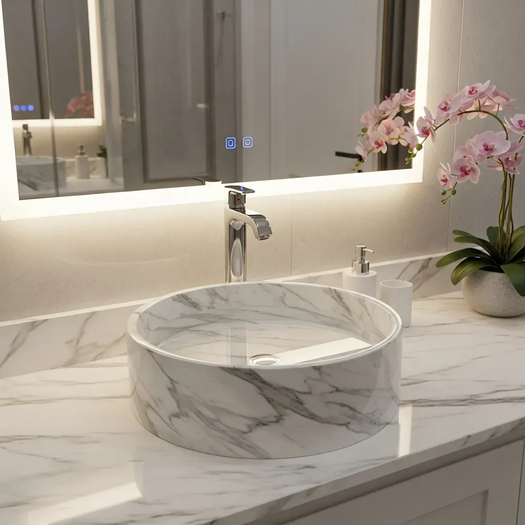 Chậu rửa mặt đá marble trắng vân xám bóng, hình tròn, đặt trên bàn trang điểm hiện đại trong phòng tắm cao cấp.