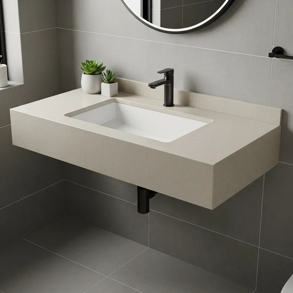 Mặt bàn đá nung kết Viglacera với chậu sứ âm bàn trắng sáng, treo tường trong phòng tắm hiện đại.