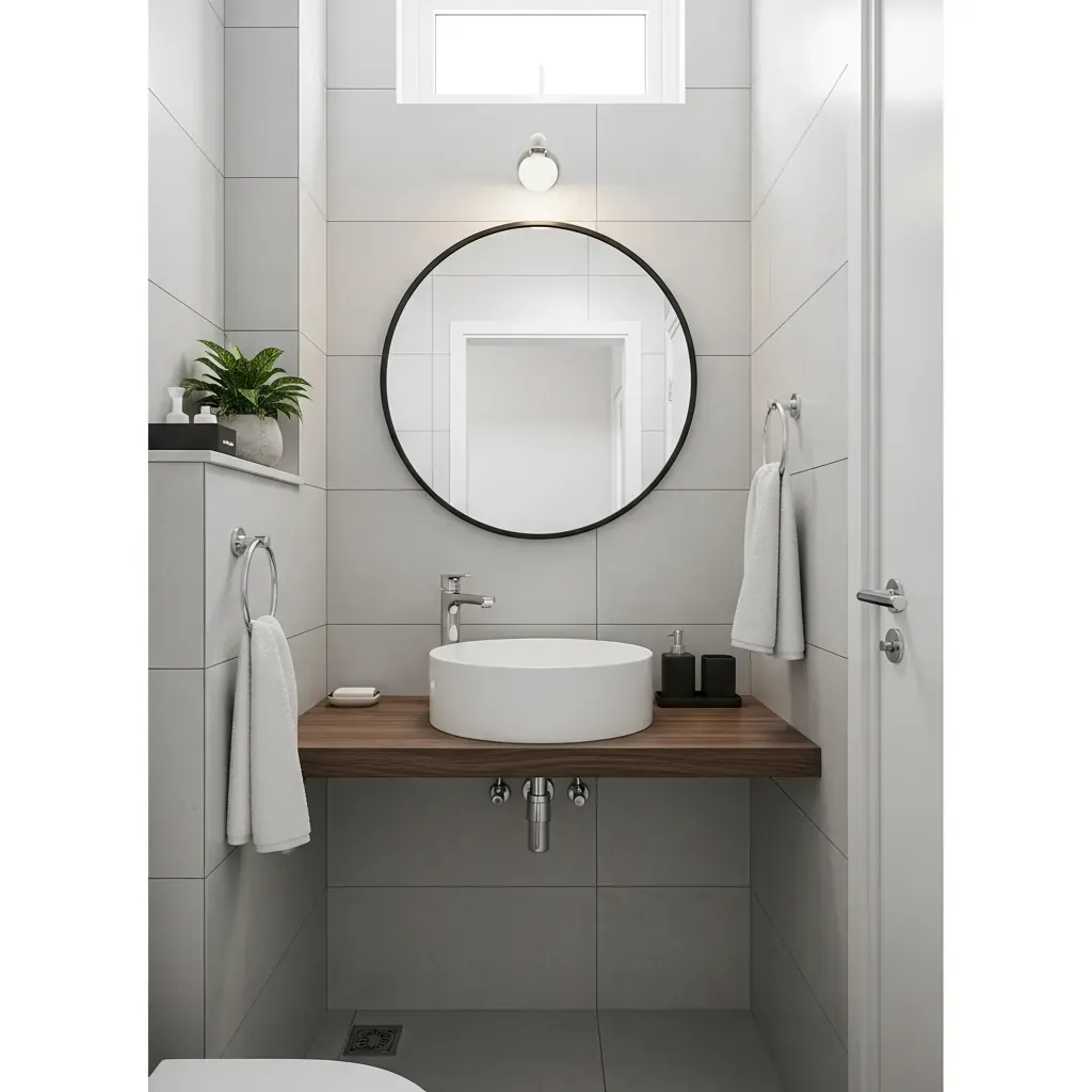 Phòng tắm nhỏ dưới 4m² sử dụng chậu rửa treo tường tròn màu trắng, tối ưu không gian.