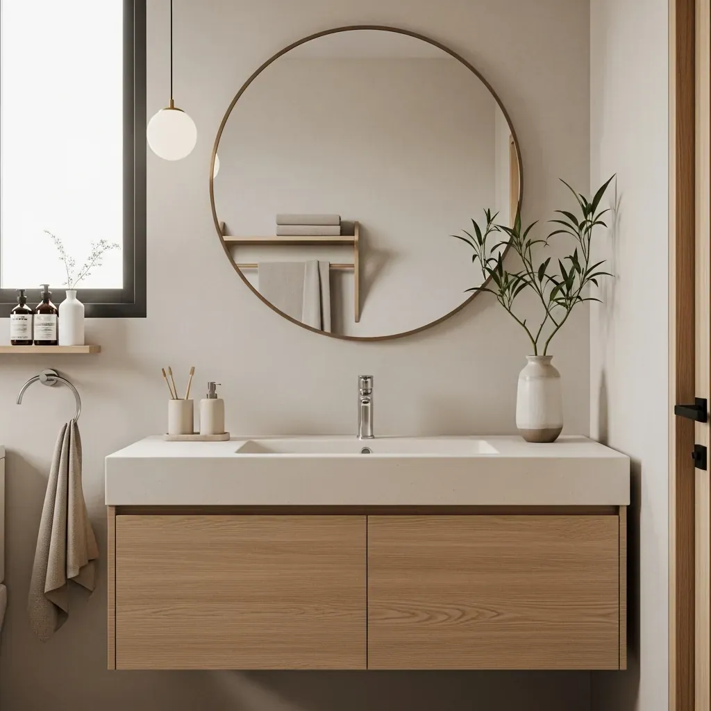 Phòng tắm phong cách Japandi với chậu rửa solid surface trắng ấm, nội thất gỗ tối giản.