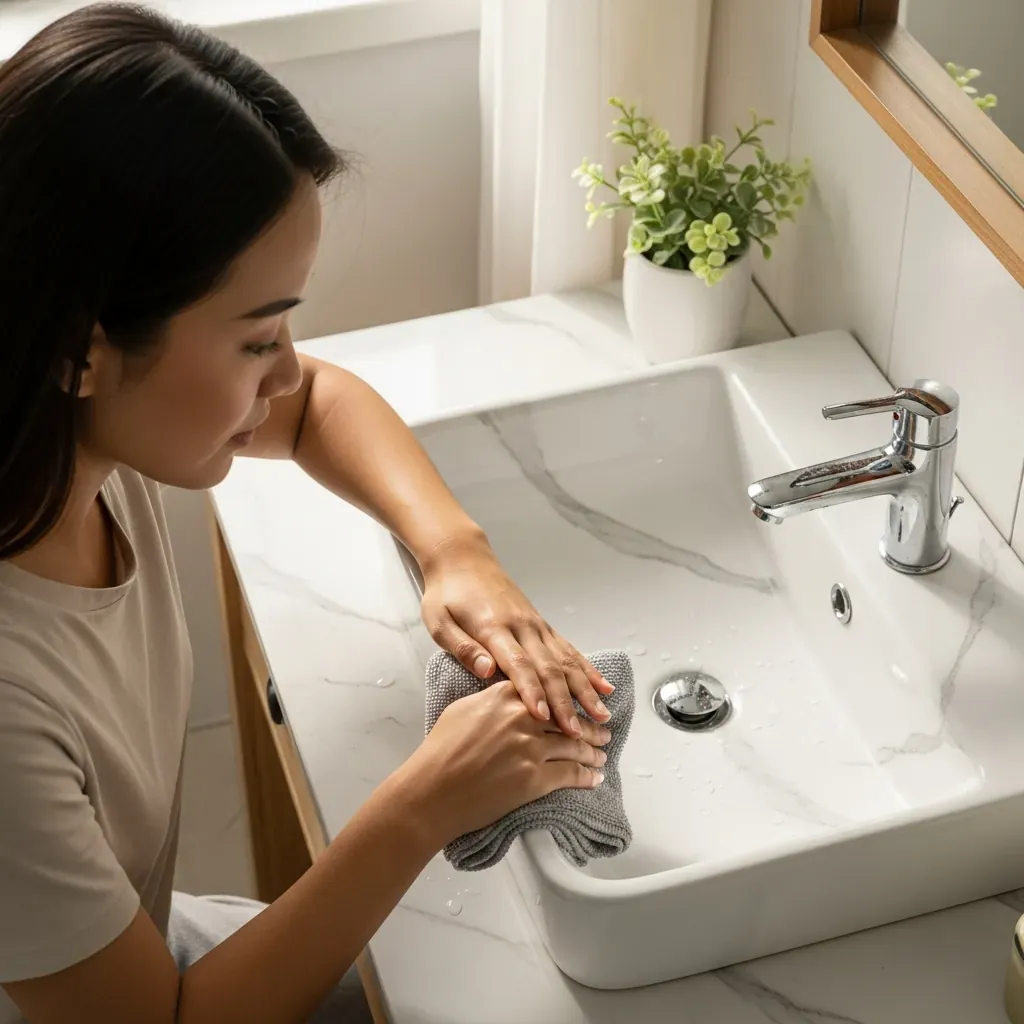 Phụ nữ Việt Nam đang lau khô chậu rửa mặt đá marble bằng khăn mềm trong phòng tắm sáng sủa.