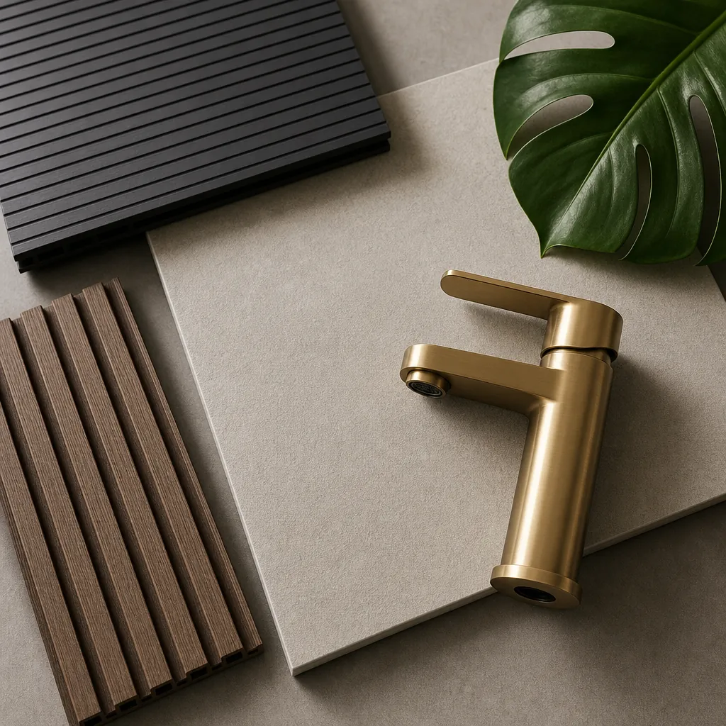 Các mẫu vật liệu hoàn thiện nhà tắm cao cấp: gạch men matt chống trượt, tấm ốp than tre, và vòi nước mạ PVD màu vàng xước.