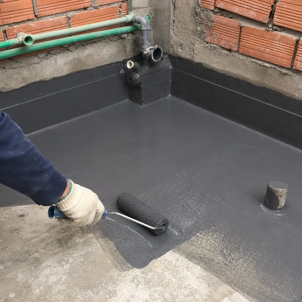 Hình ảnh cận cảnh công đoạn thi công chống thấm cho sàn và chân tường nhà tắm, một bước quan trọng trong quá trình cải tạo.