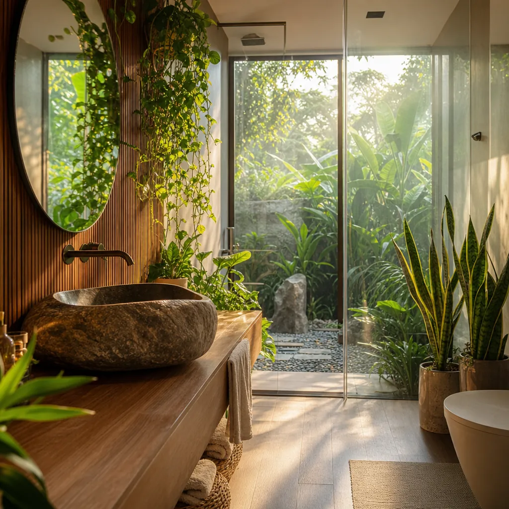 Mẫu nhà tắm đẹp phong cách biophilic ngập tràn ánh sáng và cây xanh, sử dụng vật liệu tự nhiên như gỗ, đá.