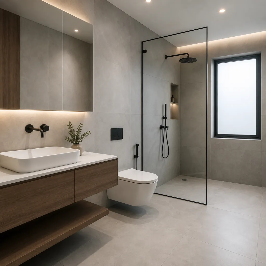 Mẫu nhà tắm đẹp phong cách tối giản hiện đại với tông màu trắng-xám, có vách kính và nội thất treo tường.