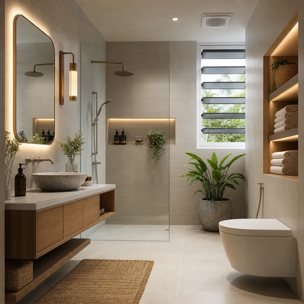 Một nhà tắm được thiết kế đúng cách: có cửa sổ thông thoáng, gạch sàn nhám chống trượt, hệ thống lưu trữ gọn gàng và ánh sáng đa tầng.