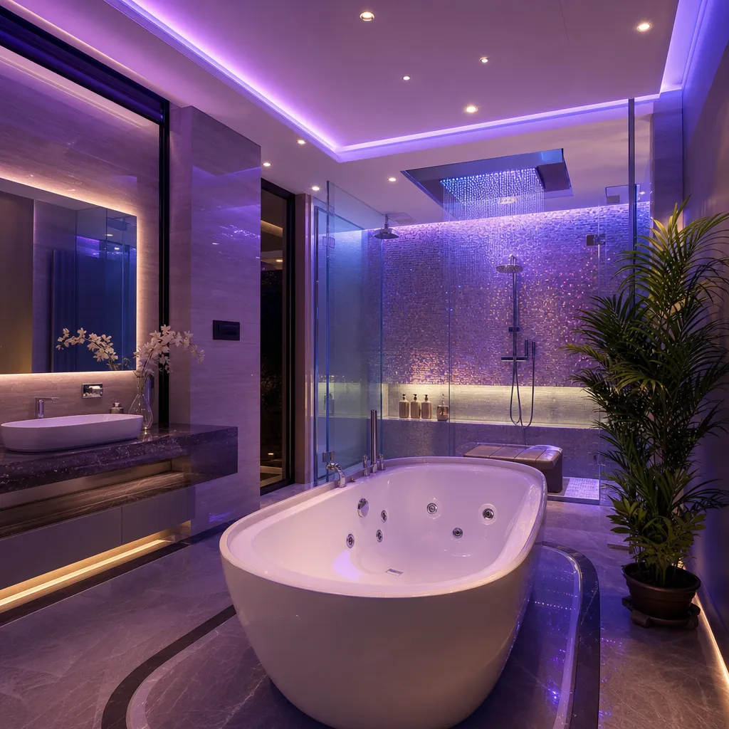 Phòng tắm sang trọng kiểu spa tại gia với bồn tắm sục massage, sen tắm đa năng và hệ thống đèn LED đổi màu.