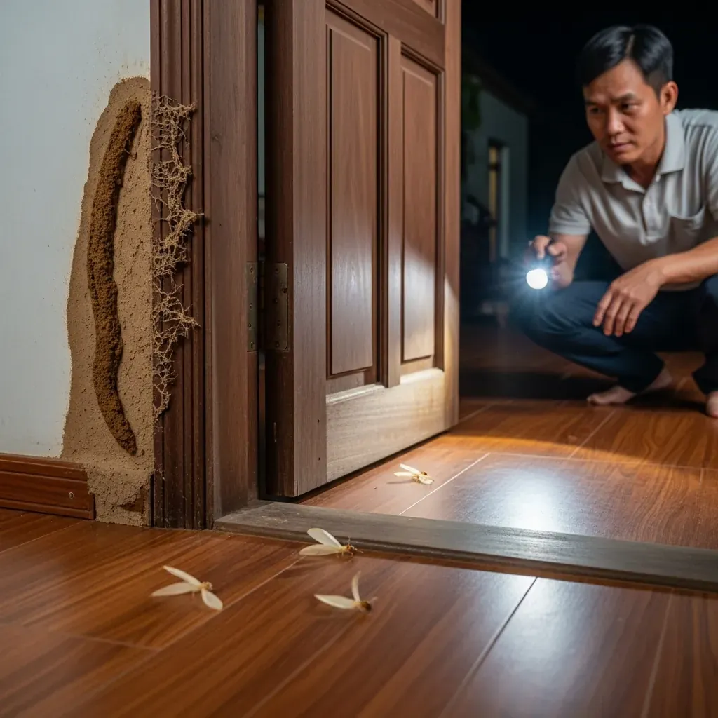 Chủ nhà kiểm tra đường mối cũ đã khô và không thấy dấu hoạt động mới.