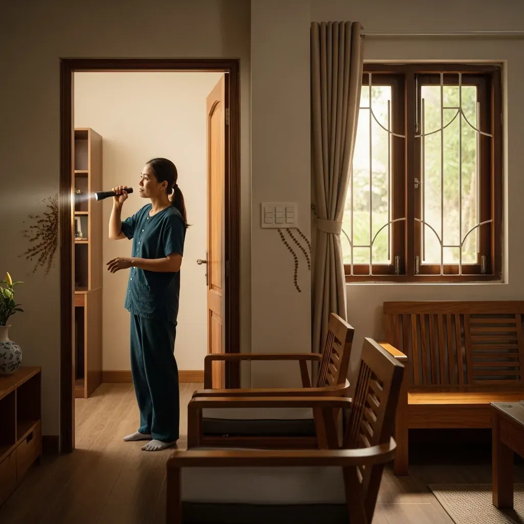 Chủ nhà Việt Nam bình tĩnh kiểm tra dấu mối trên khung cửa gỗ thay vì xịt thuốc vội.