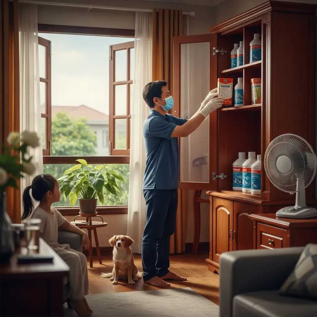 Gia đình Việt Nam cất hóa chất diệt mối xa trẻ nhỏ và thú cưng, đồng thời thông gió nhà cửa.