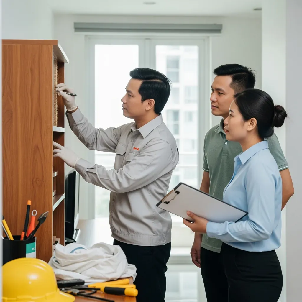 Kỹ thuật viên diệt mối khảo sát trực tiếp và trao đổi với chủ nhà Việt Nam.