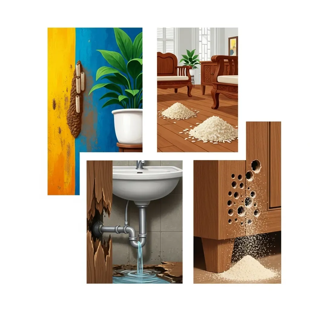 Minh họa các dấu hiệu phân biệt mối đất, mối gỗ khô, mối gỗ ẩm và mọt gỗ trong nhà Việt Nam.