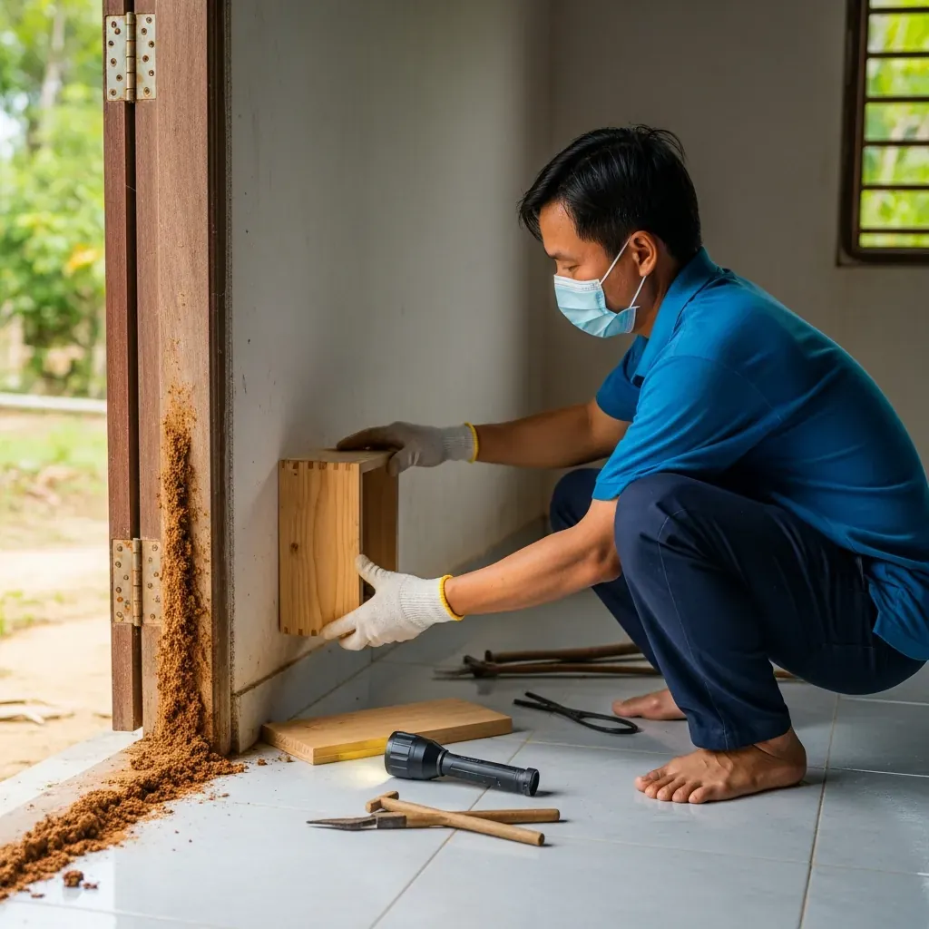 Người Việt đeo găng tay và khẩu trang đặt hộp nhử mối sát đường mối trong nhà.