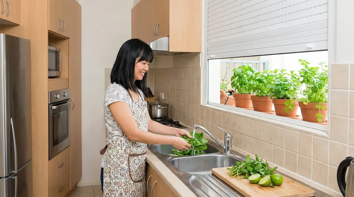 Bếp Việt gọn gàng với rèm cuốn nhựa chống ẩm, người phụ nữ đang rửa rau.