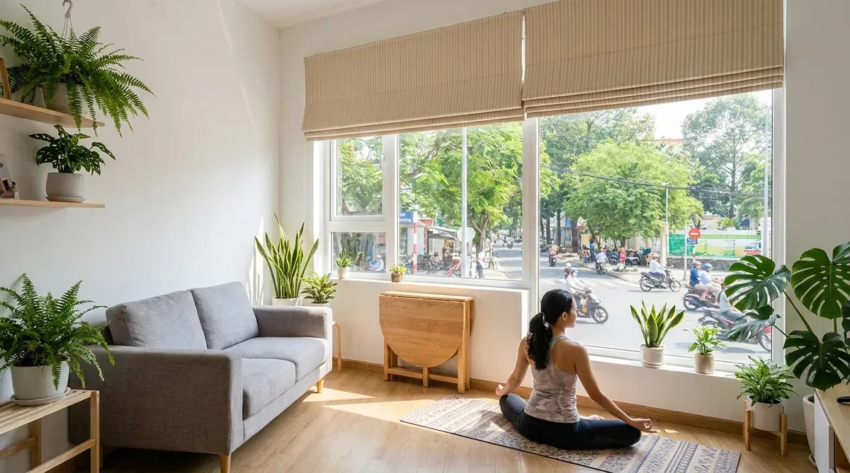 Cô gái Việt tập yoga trong căn hộ studio nhỏ, rèm cầu vồng màu be kéo cao đón ánh sáng.