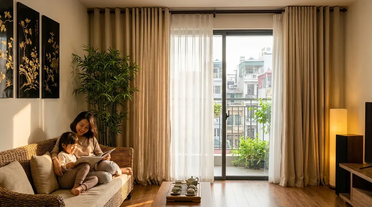 Phòng khách ấm cúng với rèm vải hai lớp màu be, gia đình Việt Nam thư giãn trên ghế mây.
