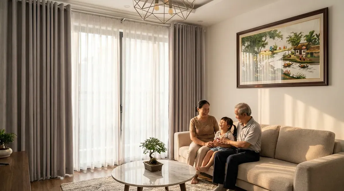 Phòng khách nhà ống Hà Nội với rèm vải hai lớp voan và nhung xám, gia đình ba thế hệ sum họp.