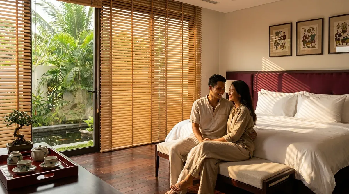 Phòng ngủ sang trọng kiểu Việt với rèm sáo gỗ tự nhiên, cặp đôi trẻ ngồi ở chân giường.