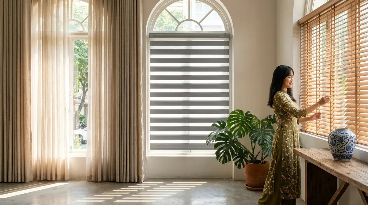 Showroom rèm cửa đa dạng phong cách từ vải, zebra đến sáo gỗ tại nhà phố Việt.