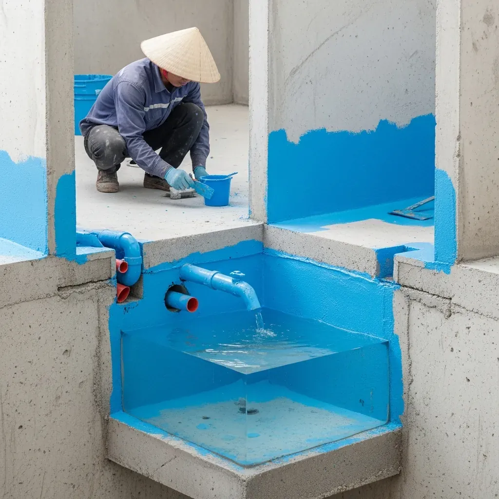 Lớp chống thấm trên nền bê tông quanh cổ ống và chân tường