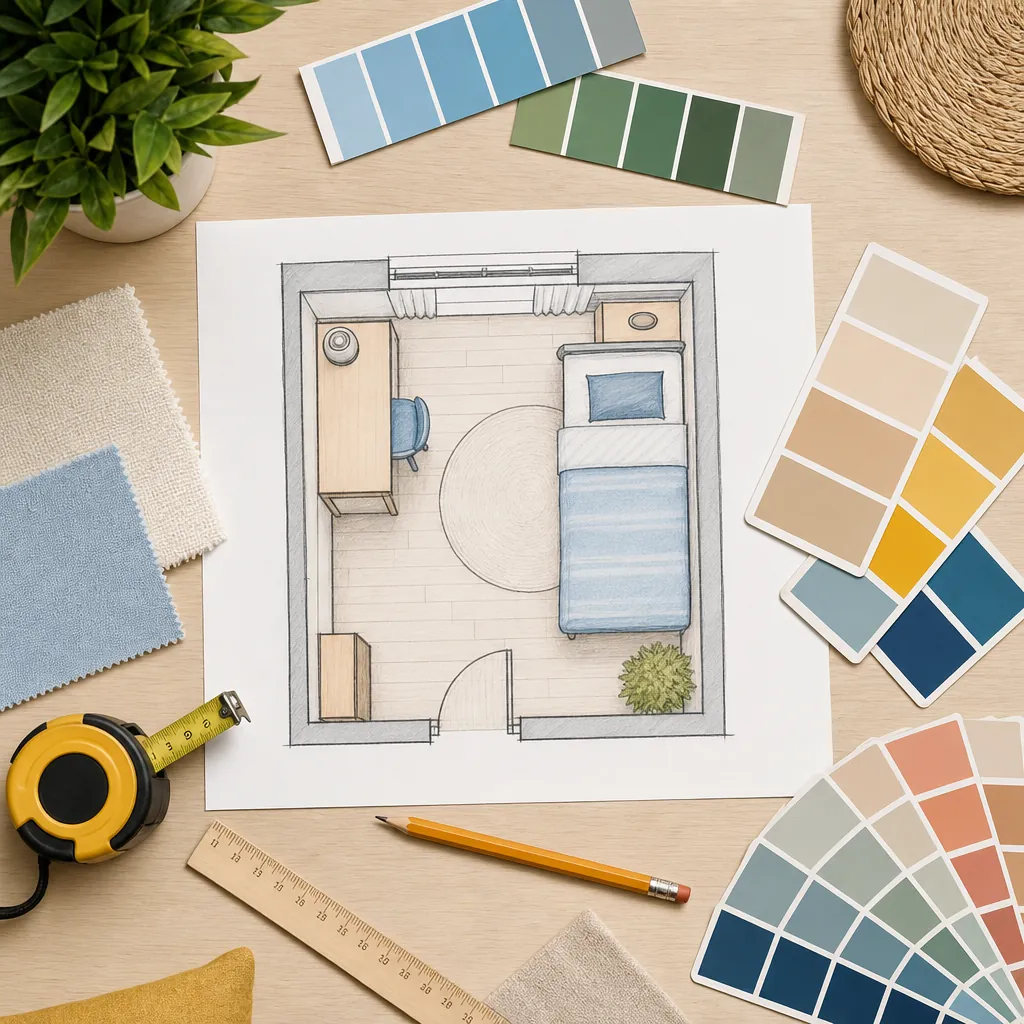 Bảng màu, bản vẽ sơ đồ phòng và các dụng cụ lên kế hoạch thiết kế.