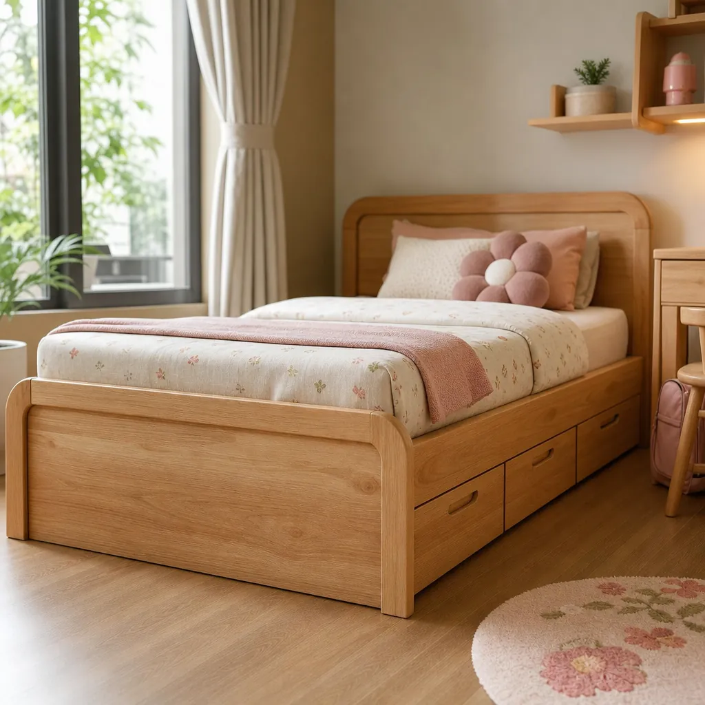Cận cảnh một chiếc giường ngủ cho bé gái có ngăn kéo chứa đồ tiện lợi.