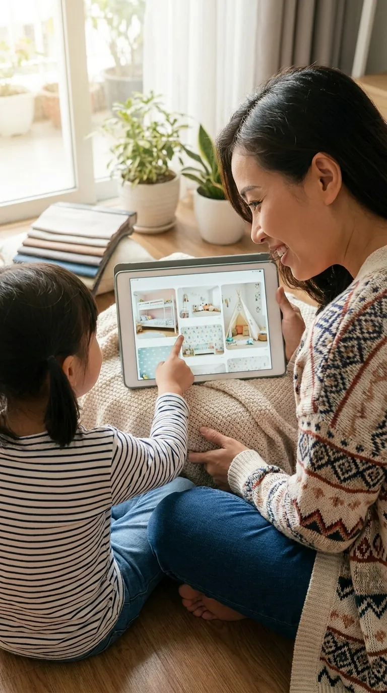 Mẹ và bé gái cùng nhau xem hình ảnh để chọn ý tưởng thiết kế phòng.