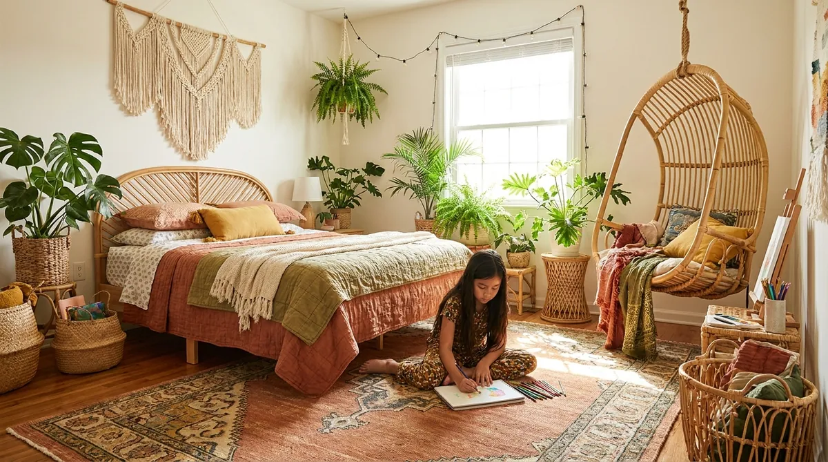 Phòng bé gái phong cách Bohemian với đồ trang trí mây tre và cây xanh.