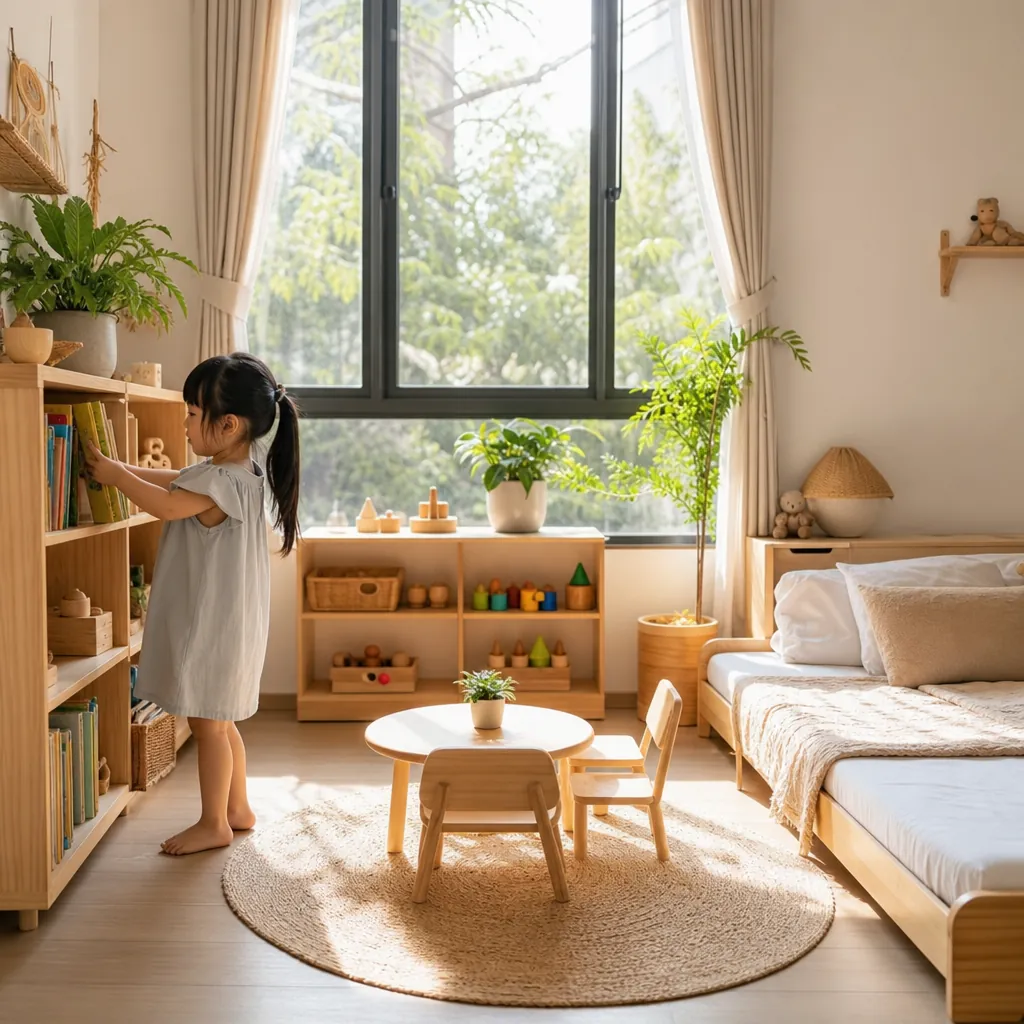 Phòng bé gái phong cách Montessori với giường sàn và kệ đồ chơi thấp.