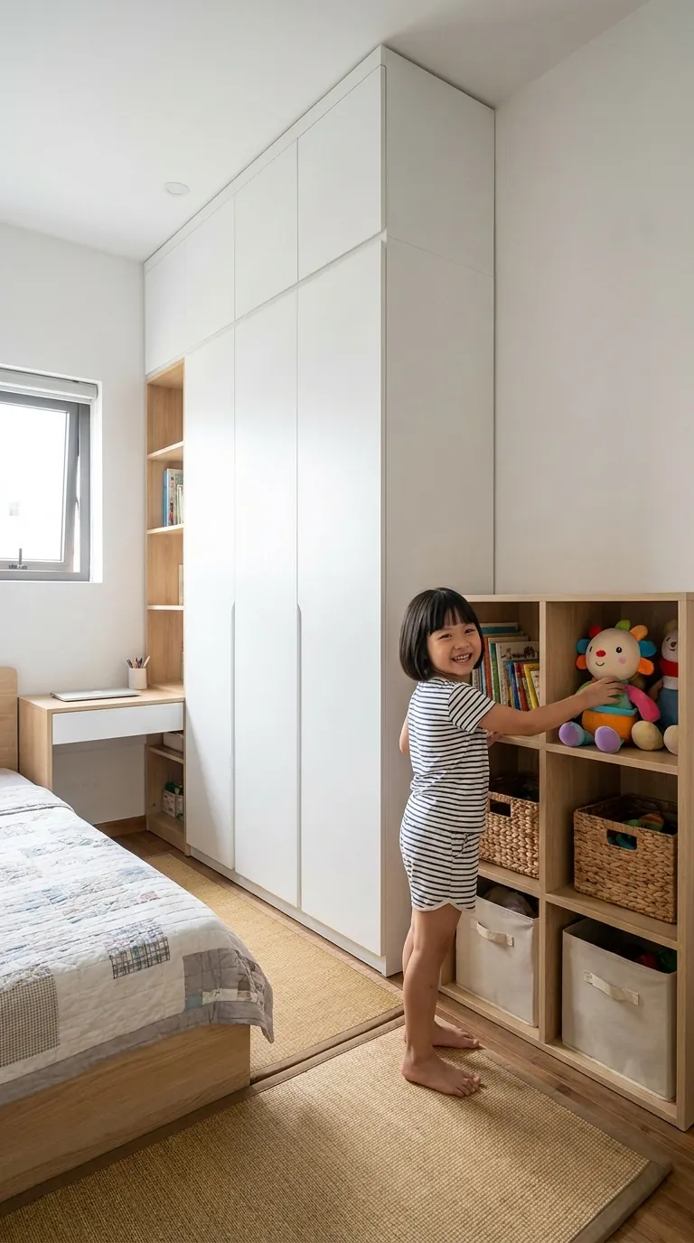 Tủ quần áo cao và kệ đồ chơi thấp giúp bé gái tự cất đồ.