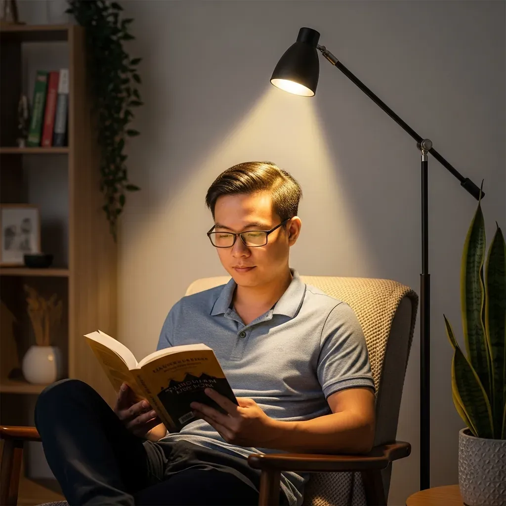 Đèn đọc sách LED đặt phía sau vai người đọc, chiếu sáng trang sách, ánh sáng ấm 3000K, không hắt bóng.