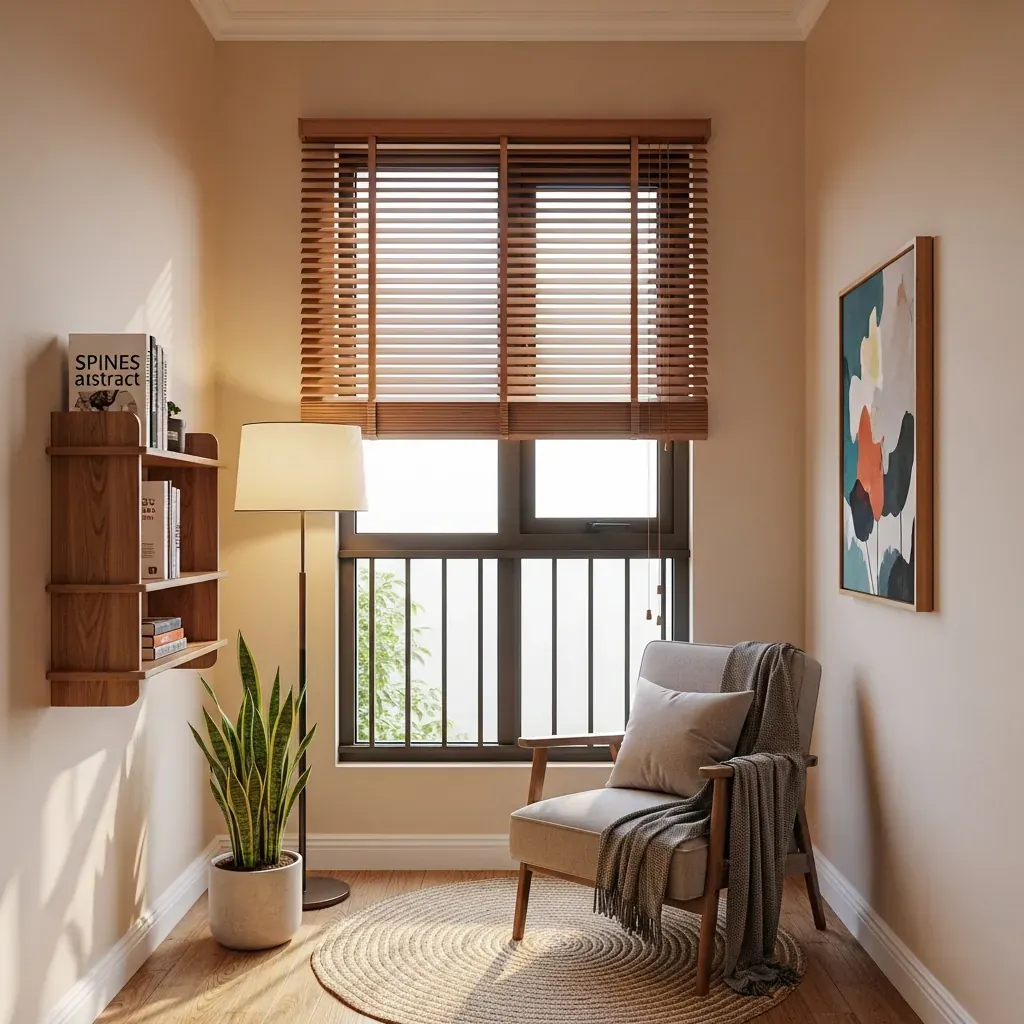 Góc đọc sách 5m² cạnh cửa sổ được cải tạo với tường be, ghế bành, kệ treo, đèn sàn và cây xanh.