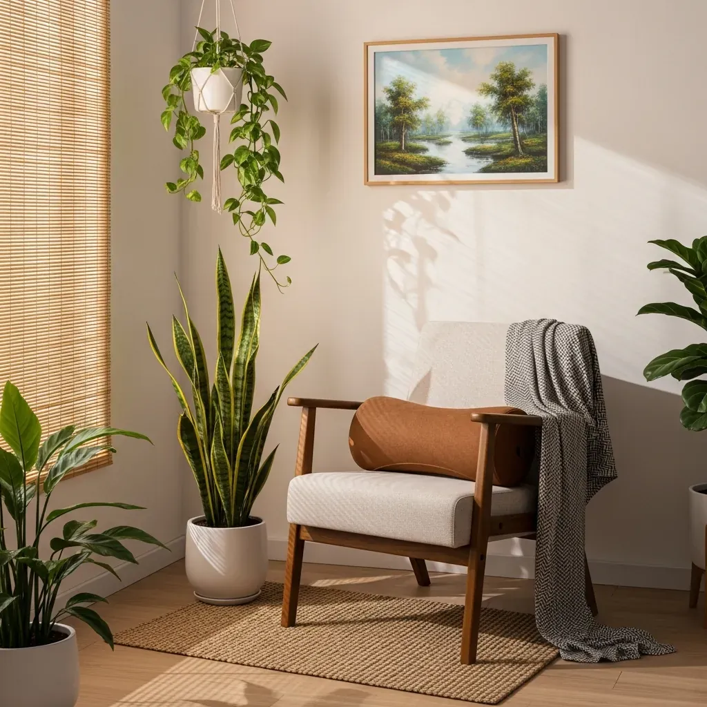 Góc đọc sách ấm cúng với thảm trải sàn, cây lưỡi hổ, tranh treo tường và gối tựa lưng.