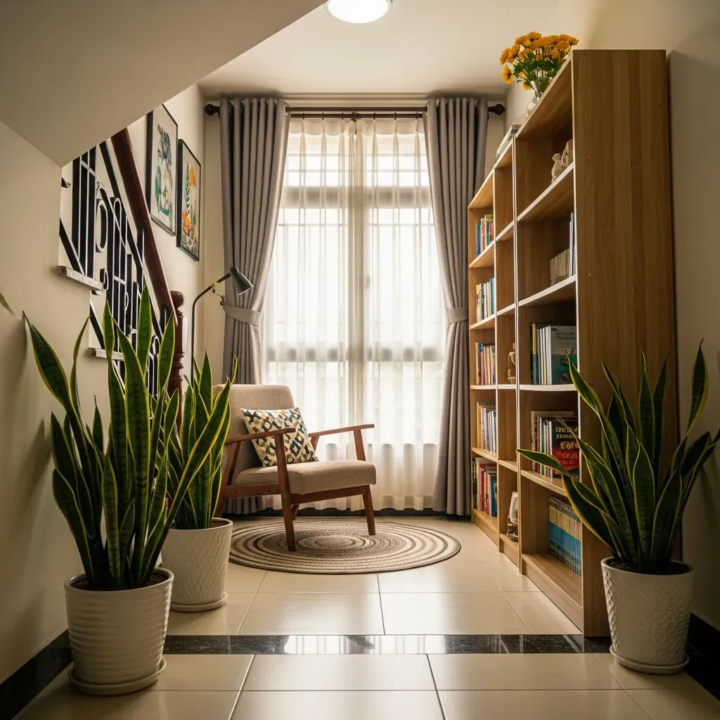 Góc đọc sách dưới gầm cầu thang trong nhà Việt, ghế bành cạnh cửa sổ, rèm voan trắng, cây xanh nhiệt đới.