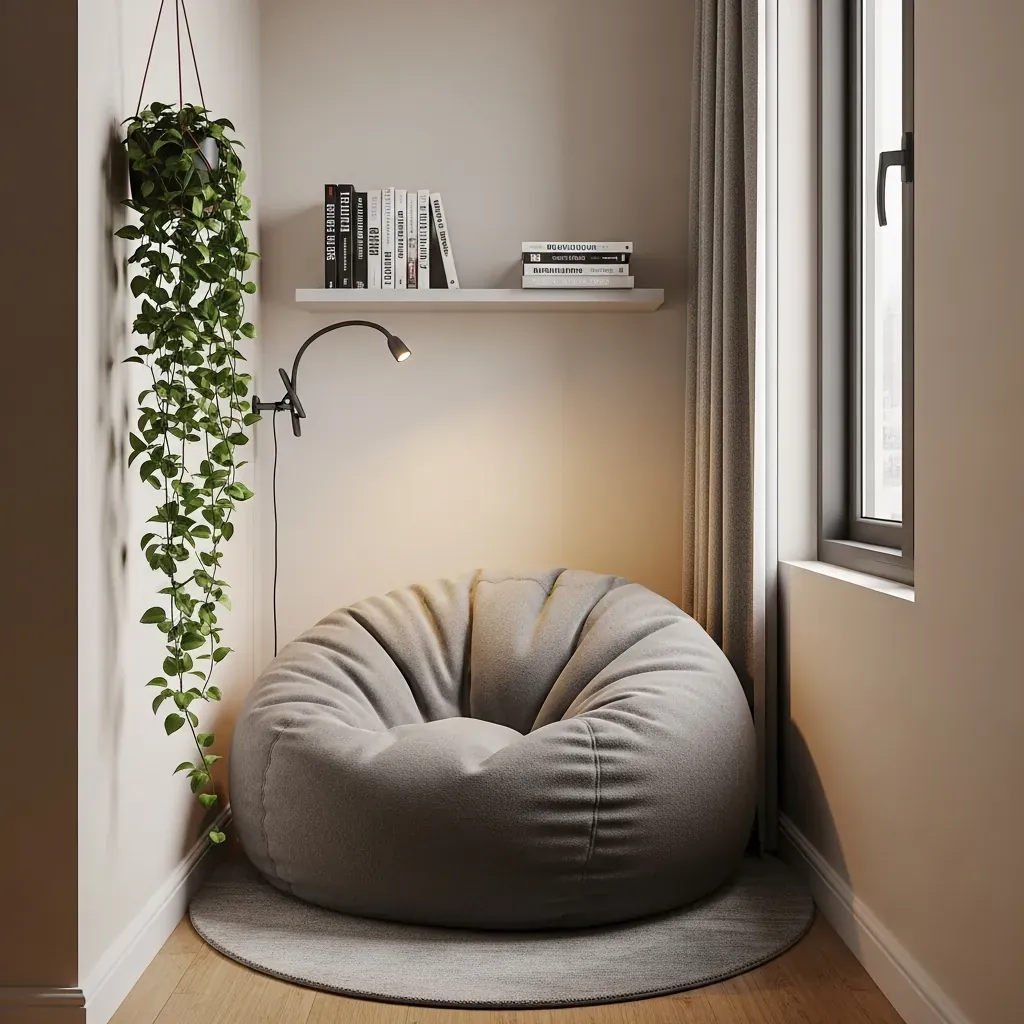 Góc đọc sách siêu nhỏ dưới 2m² với ghế lười, kệ treo mỏng và cây trầu bà rủ.