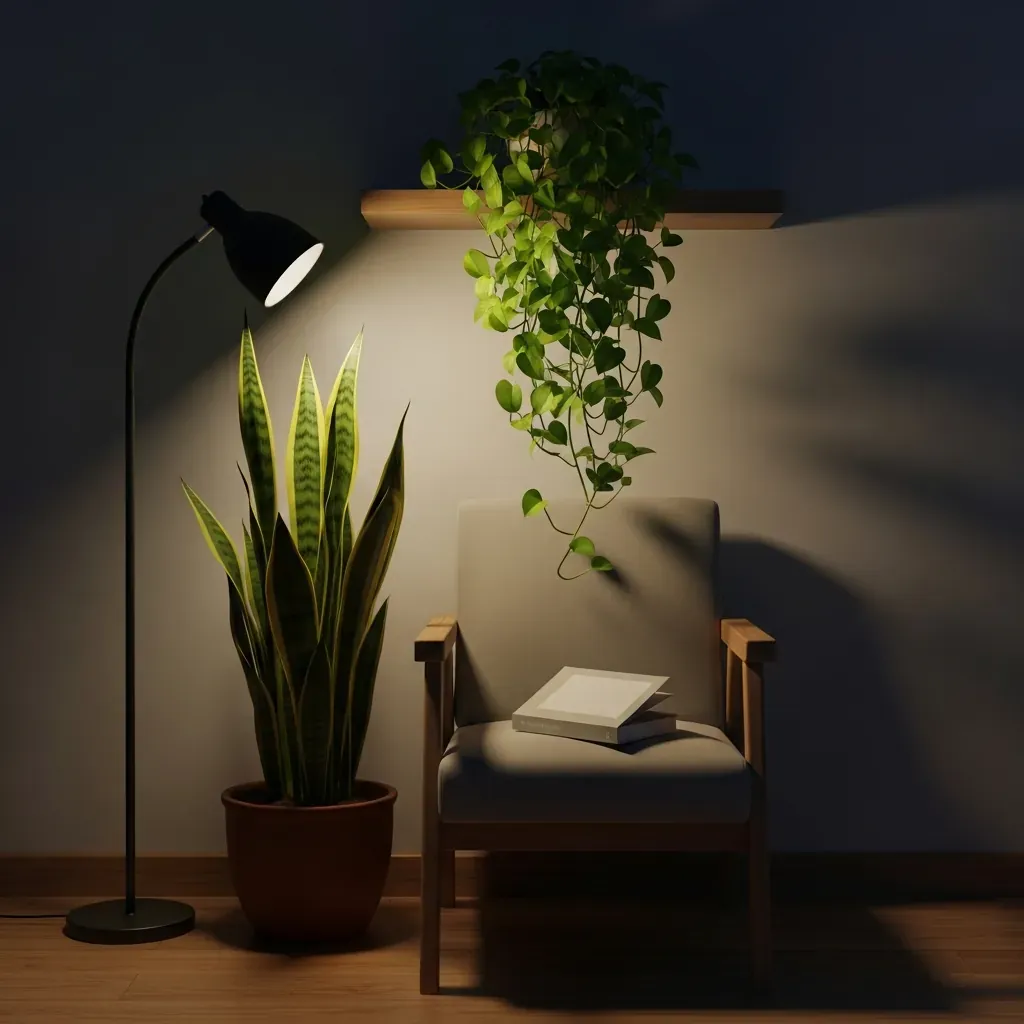 Góc đọc sách thiếu sáng với cây lưỡi hổ và trầu bà xanh tốt.