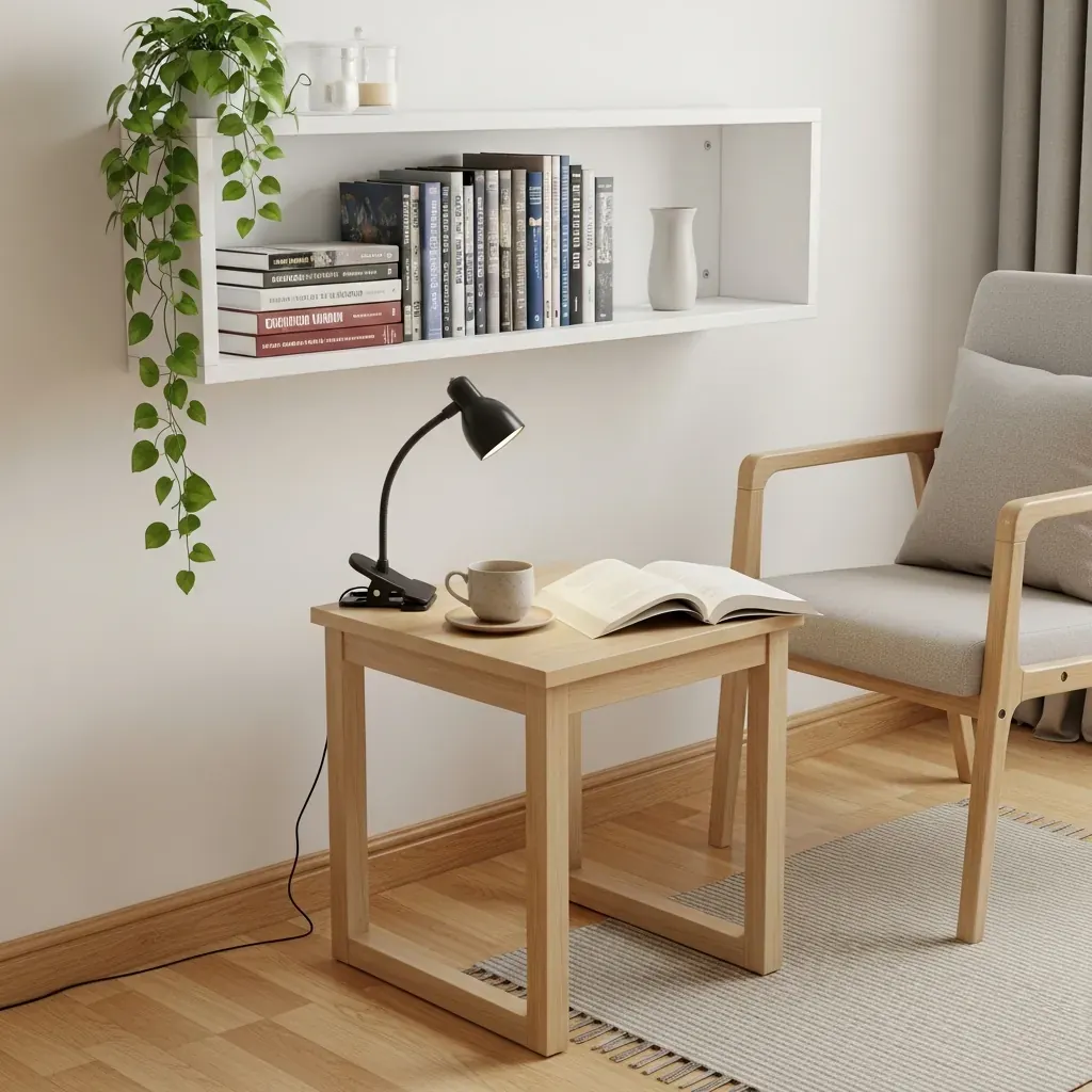 Kệ sách treo tường mỏng cách mặt ghế 40 cm, bàn phụ chân chữ C nhỏ gọn đặt tách trà và đèn kẹp sách.