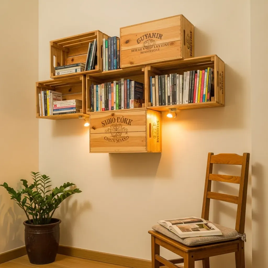 Kệ sách tự chế từ thùng gỗ rượu cũ treo tường trong góc đọc sách Việt Nam.