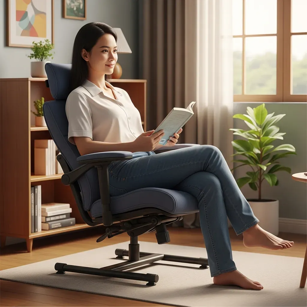 Phụ nữ Việt ngồi đọc sách trên ghế bành công thái học có góc tựa lưng 110°, mặt ghế mút tỷ trọng cao, tay vịn ngang khuỷu tay.