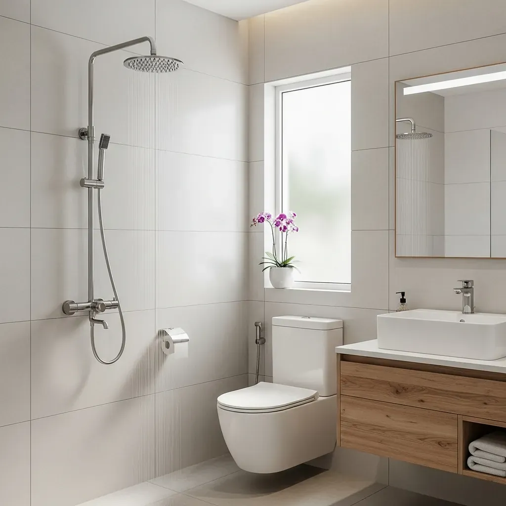 Bộ thiết bị vệ sinh hiện đại trong phòng tắm Việt gồm sen cây, bồn cầu treo tường, chậu đặt bàn