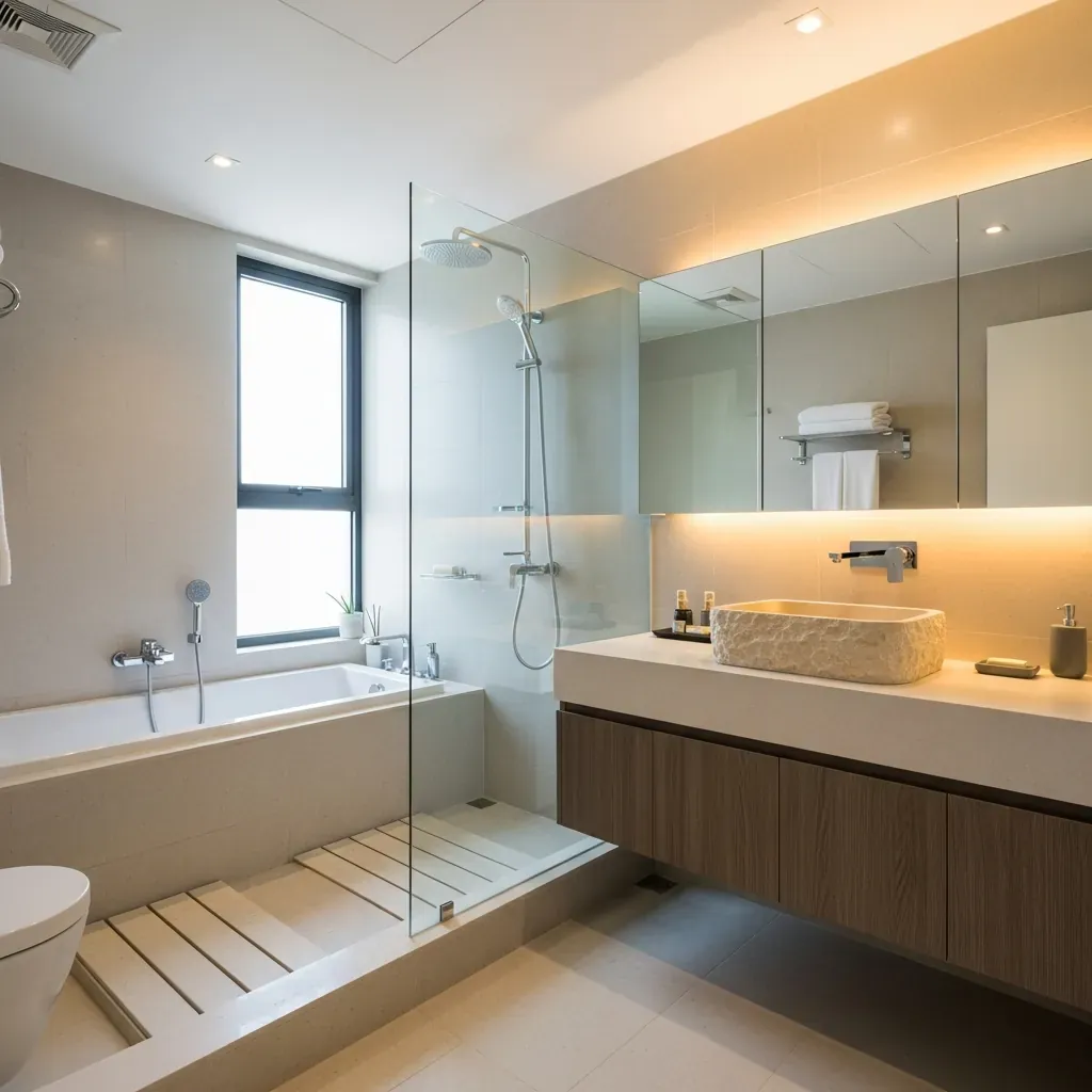 Căn hộ 5 m² sau khi tháo bồn tắm, cải tạo thành góc tắm đứng và lavabo mặt đá