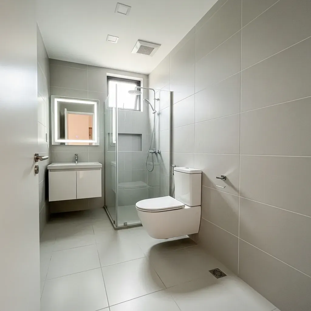 Mặt bằng phòng tắm chung cư 4.5 m² với bố trí vách kính, bồn cầu treo, lavabo 60 cm