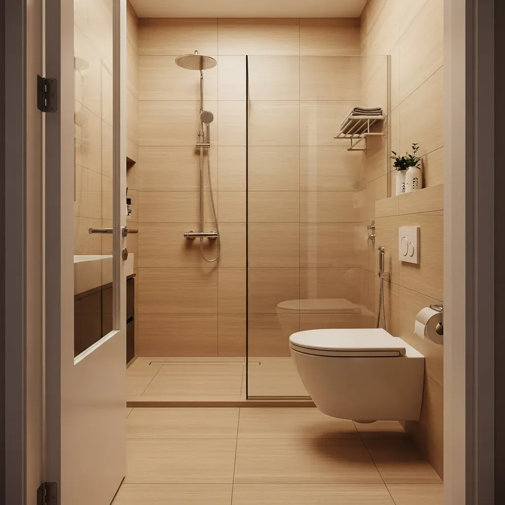 Phòng tắm nhỏ 3 m² sử dụng gạch lớn, vách kính không khung và bồn cầu treo tường