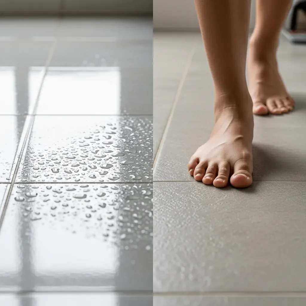 So sánh gạch bóng kính trơn trượt và gạch mờ chống trượt cho sàn phòng tắm