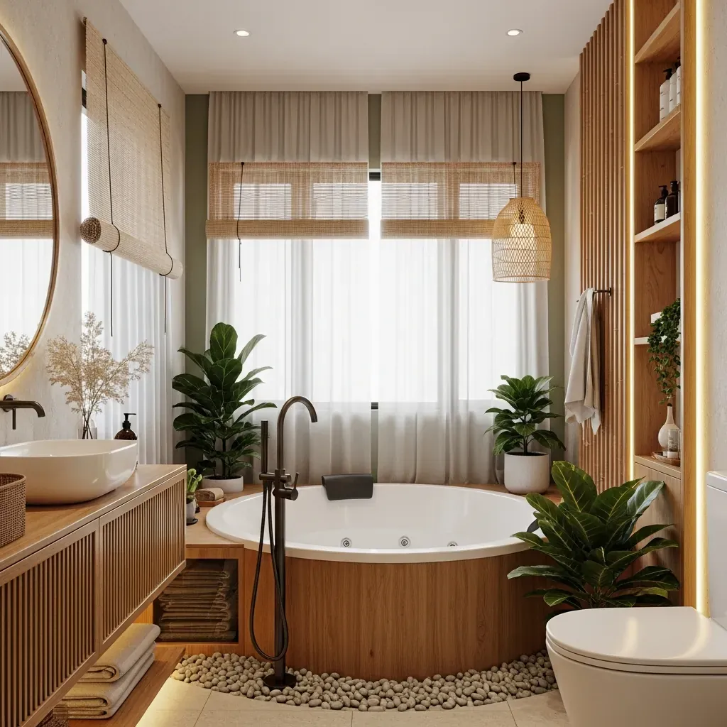 Phòng vệ sinh Japandi với gỗ sáng, cây xanh và bồn tròn